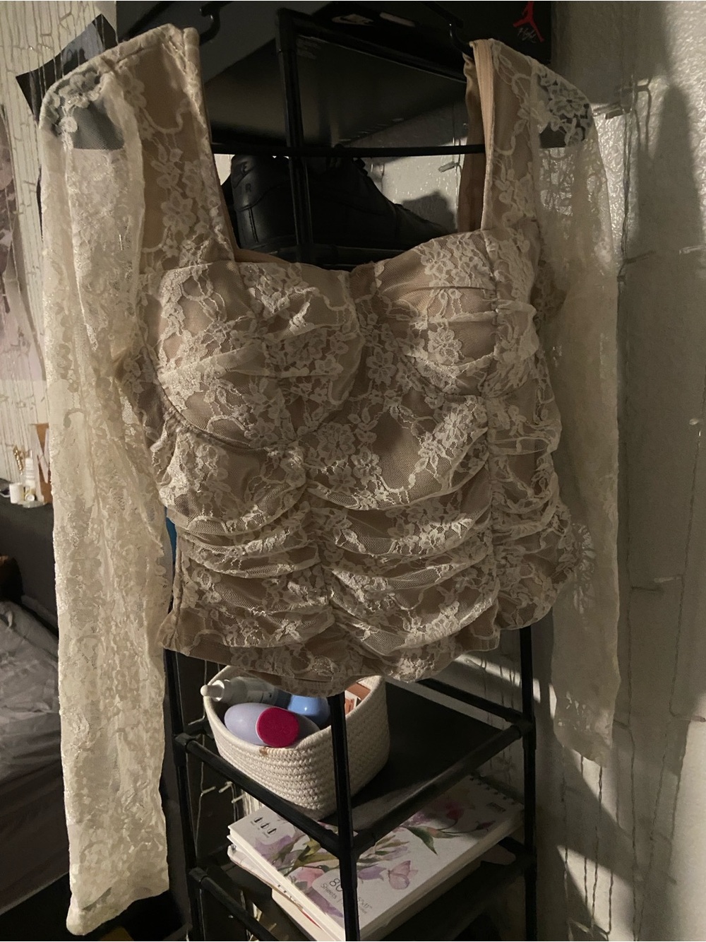 Madden Girl Ivory Lace Corset Blouse with Long Sheer Sleeves